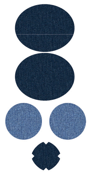 Various shapes and sizes of rub-on textile repair patches are displayed, including light denim and dark denim patches