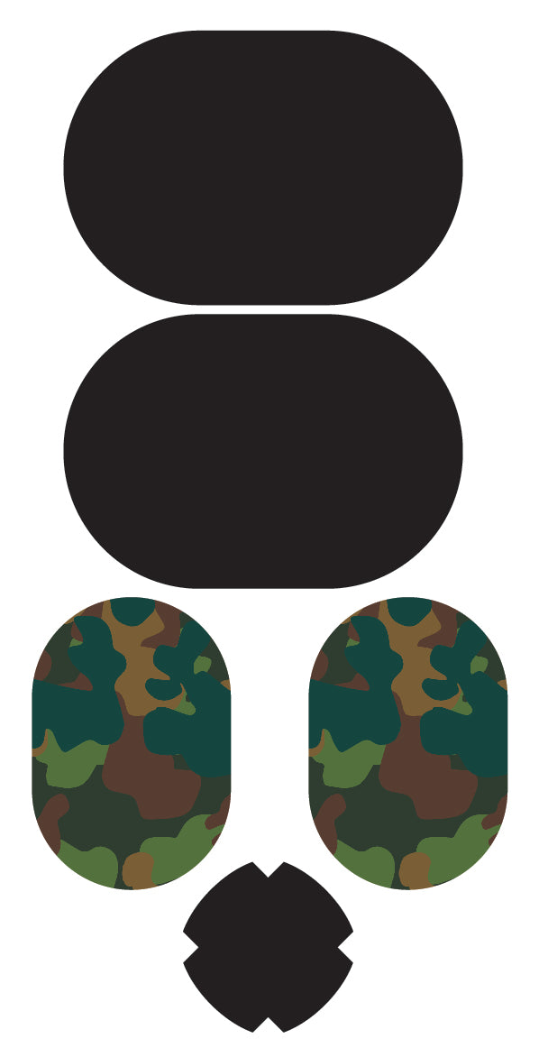 Various shapes and sizes of rub-on textile repair patches are displayed, including both solid black patches and patches with camouflage