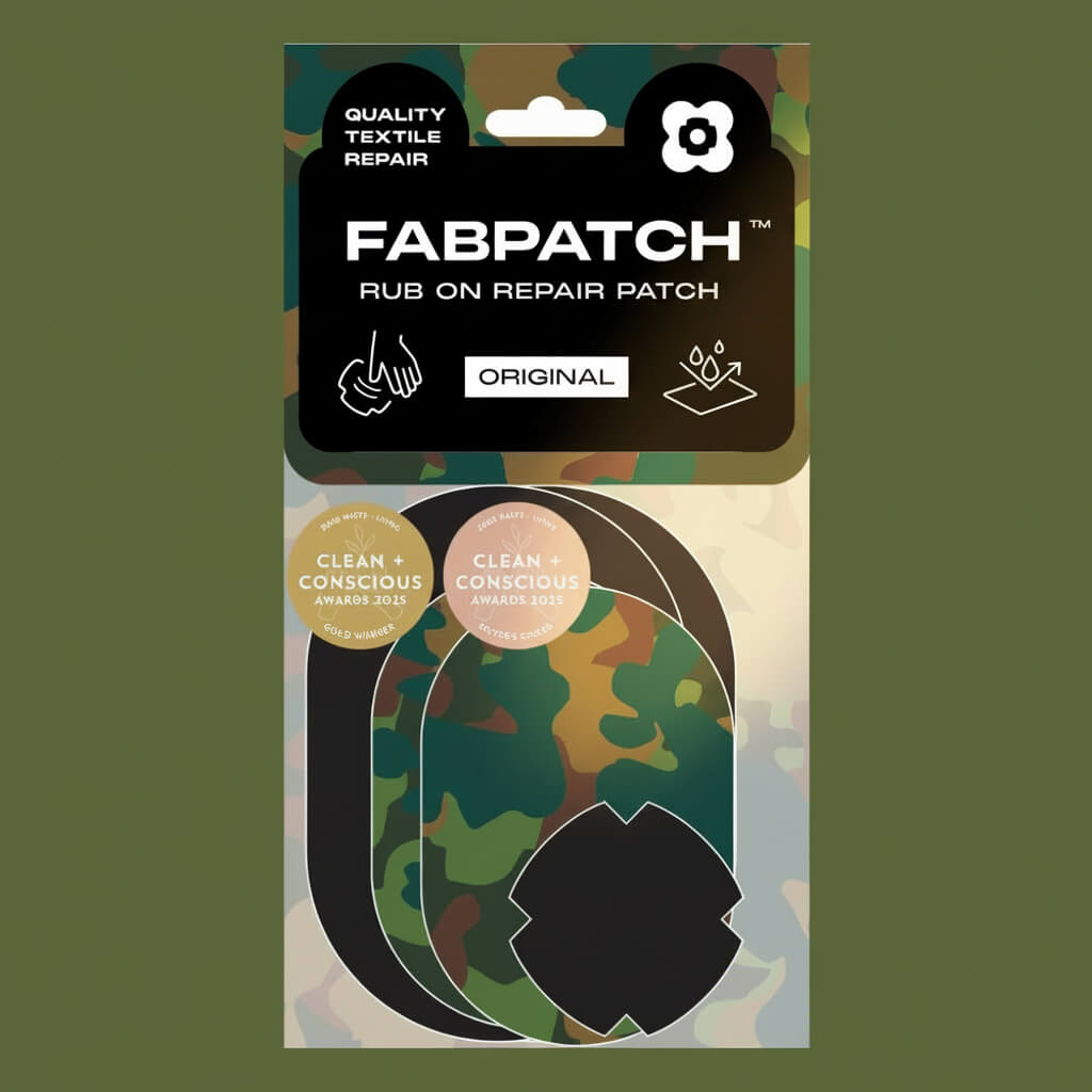 Packaging of Fabpatch rub on repair patch with camouflage design on a green background